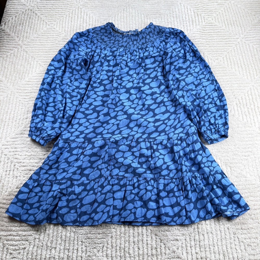 LOFT Tiered Mini Dress Womens XSP Blue Abstract Smocked Boho Cottagecore Peasant